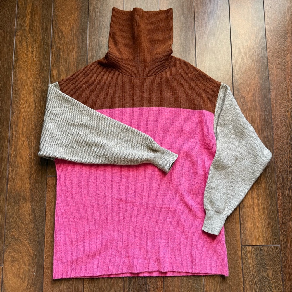 Free People Colorblock Turtleneck Sweater in Pink, Brown & Gray